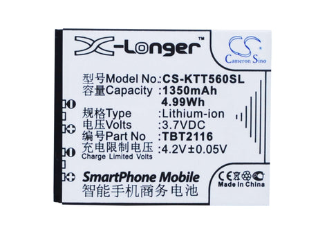3.7V, Li-ion, 1350mAh, SmartPhone battery fits K-touch, Tbt2116, A788, D99, 5Wh Mobile, SmartPhone Cameron Sino Technology Limited (Suspended)