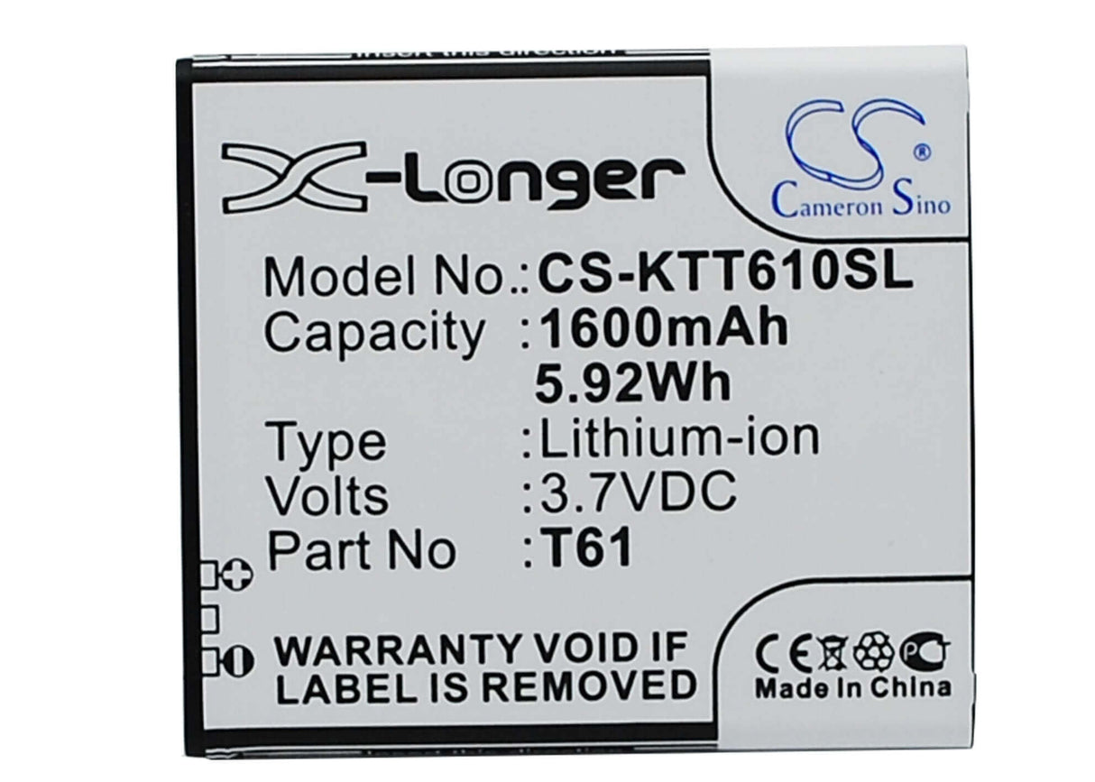 3.7V, Li-ion, 1600mAh, SmartPhone battery fits K-touch, T61, T61, 5.92Wh Mobile, SmartPhone Cameron Sino Technology Limited (Suspended)