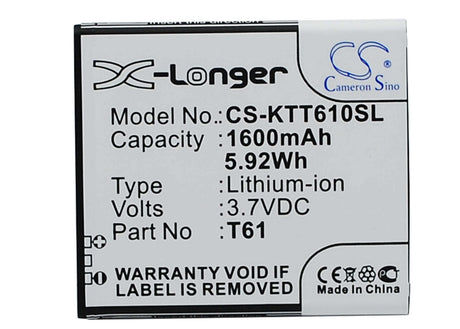 3.7V, Li-ion, 1600mAh, SmartPhone battery fits K-touch, T61, T61, 5.92Wh Mobile, SmartPhone Cameron Sino Technology Limited (Suspended)