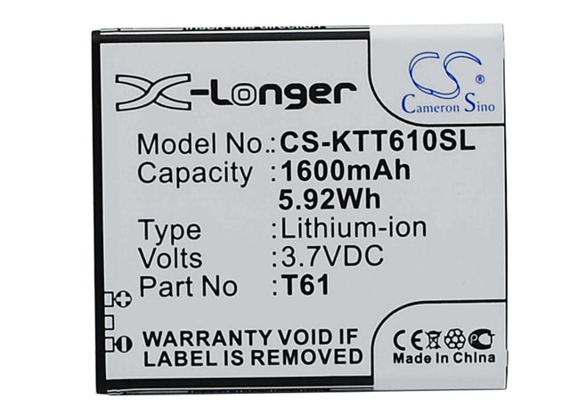 3.7V, Li-ion, 1600mAh, SmartPhone battery fits K-touch, T61, T61, 5.92Wh Mobile, SmartPhone Cameron Sino Technology Limited (Suspended)