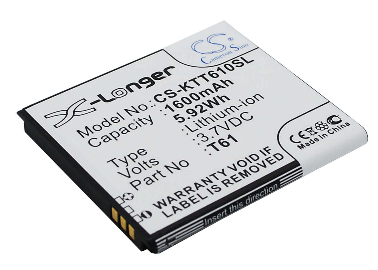 3.7V, Li-ion, 1600mAh, SmartPhone battery fits K-touch, T61, T61, 5.92Wh Mobile, SmartPhone Cameron Sino Technology Limited (Suspended)