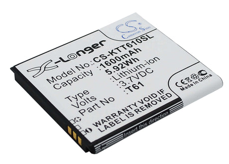 3.7V, Li-ion, 1600mAh, SmartPhone battery fits K-touch, T61, T61, 5.92Wh Mobile, SmartPhone Cameron Sino Technology Limited (Suspended)