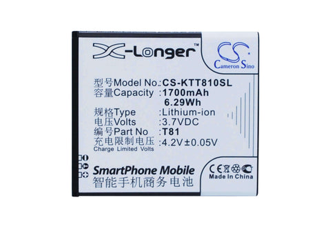3.7V, Li-ion, 1700mAh, SmartPhone battery fits K-touch, T81, T81, 6.29Wh Mobile, SmartPhone Cameron Sino Technology Limited (Suspended)
