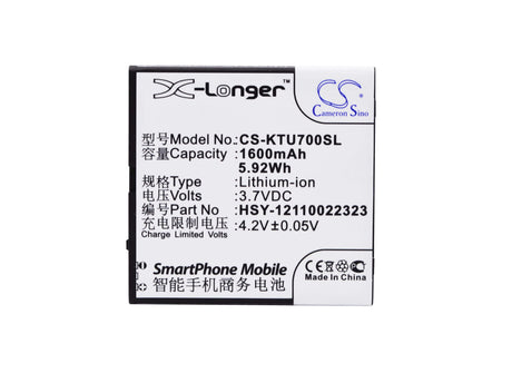 3.7V, Li-ion, 1600mAh, SmartPhone battery fits K-touch, Hsy-12110022323, U7, 5.92Wh Mobile, SmartPhone Cameron Sino Technology Limited (Suspended)