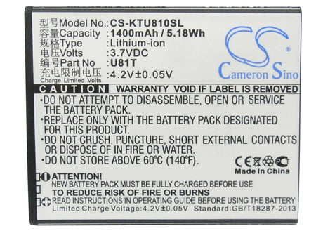 3.7V, Li-ion, 1400mAh, SmartPhone battery fits K-touch, U81t, U81t, 5.18Wh Mobile, SmartPhone Cameron Sino Technology Limited (Suspended)