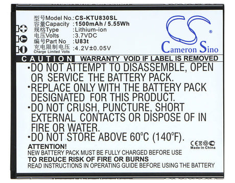 3.7V, Li-ion, 1500mAh, SmartPhone battery fits K-touch, U83t, U83t, 5.55Wh Mobile, SmartPhone Cameron Sino Technology Limited (Smartphone)