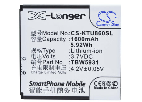 3.7V, Li-ion, 1600mAh, SmartPhone battery fits Highscreen, K-touch, Tbw5931, Omega Q, 5.92Wh Mobile, SmartPhone Cameron Sino Technology Limited (Smartphone)
