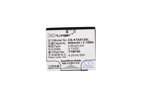 3.7V, Li-ion, 850mAh, SmartPhone battery fits K-touch, Tym760, A912, A915, 3.15Wh Mobile, SmartPhone Cameron Sino Technology Limited (Suspended)