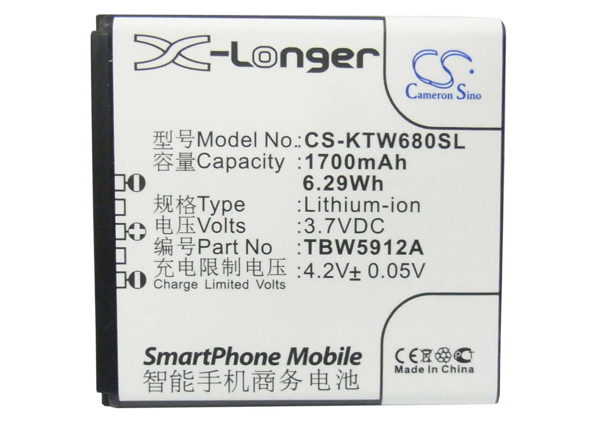 3.7V, Li-ion, 1700mAh, SmartPhone battery fits K-touch, Tbw5912a, W608, W680, 6.29Wh Mobile, SmartPhone Cameron Sino Technology Limited (Smartphone)