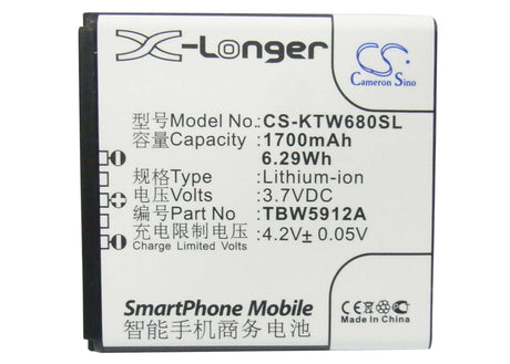 3.7V, Li-ion, 1700mAh, SmartPhone battery fits K-touch, Tbw5912a, W608, W680, 6.29Wh Mobile, SmartPhone Cameron Sino Technology Limited (Smartphone)