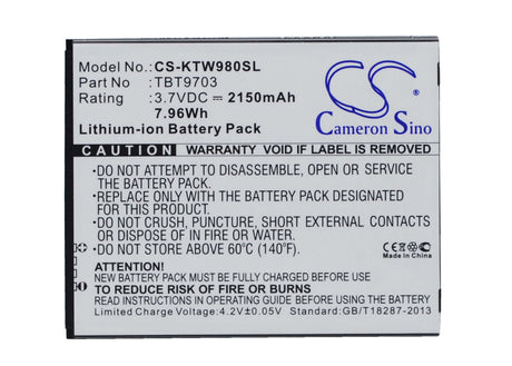 3.7V, Li-ion, 2150mAh, SmartPhone battery fits K-touch, Tbt9703, Kis 3, Kis 3w, 7.96Wh Mobile, SmartPhone Cameron Sino Technology Limited (Suspended)