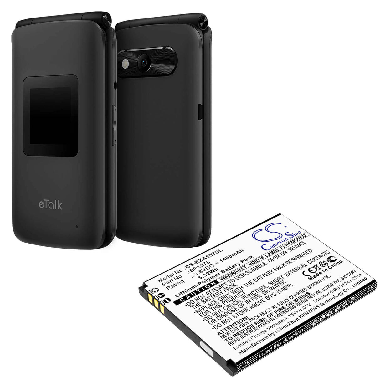 3.8V, Li-Polymer, 1400mAh, SmartPhone battery fits Kazuna, Bp1578, 440g, Etalk, 5.32Wh Mobile, SmartPhone Cameron Sino Technology Limited (Smartphone)