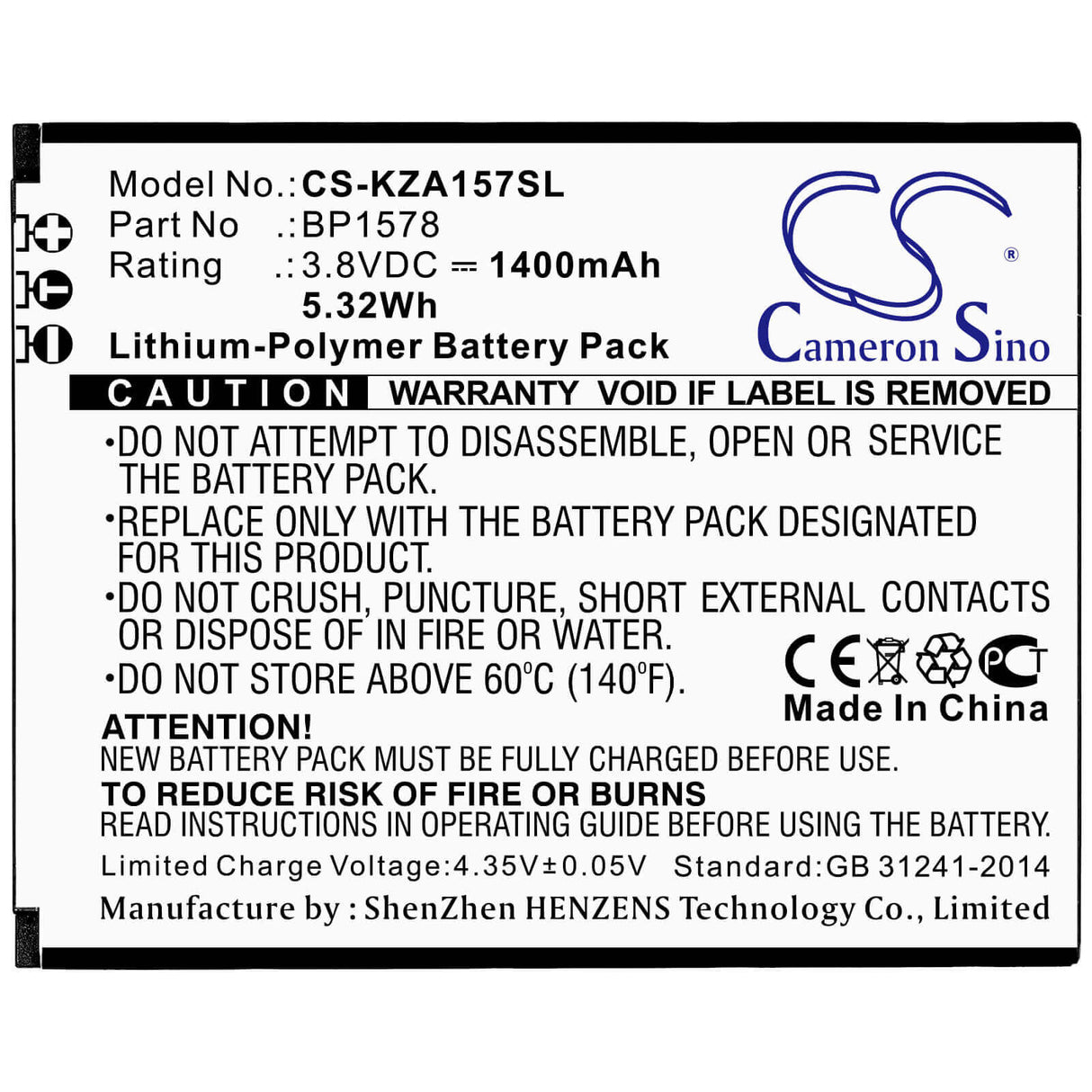 3.8V, Li-Polymer, 1400mAh, SmartPhone battery fits Kazuna, Bp1578, 440g, Etalk, 5.32Wh Mobile, SmartPhone Cameron Sino Technology Limited (Smartphone)
