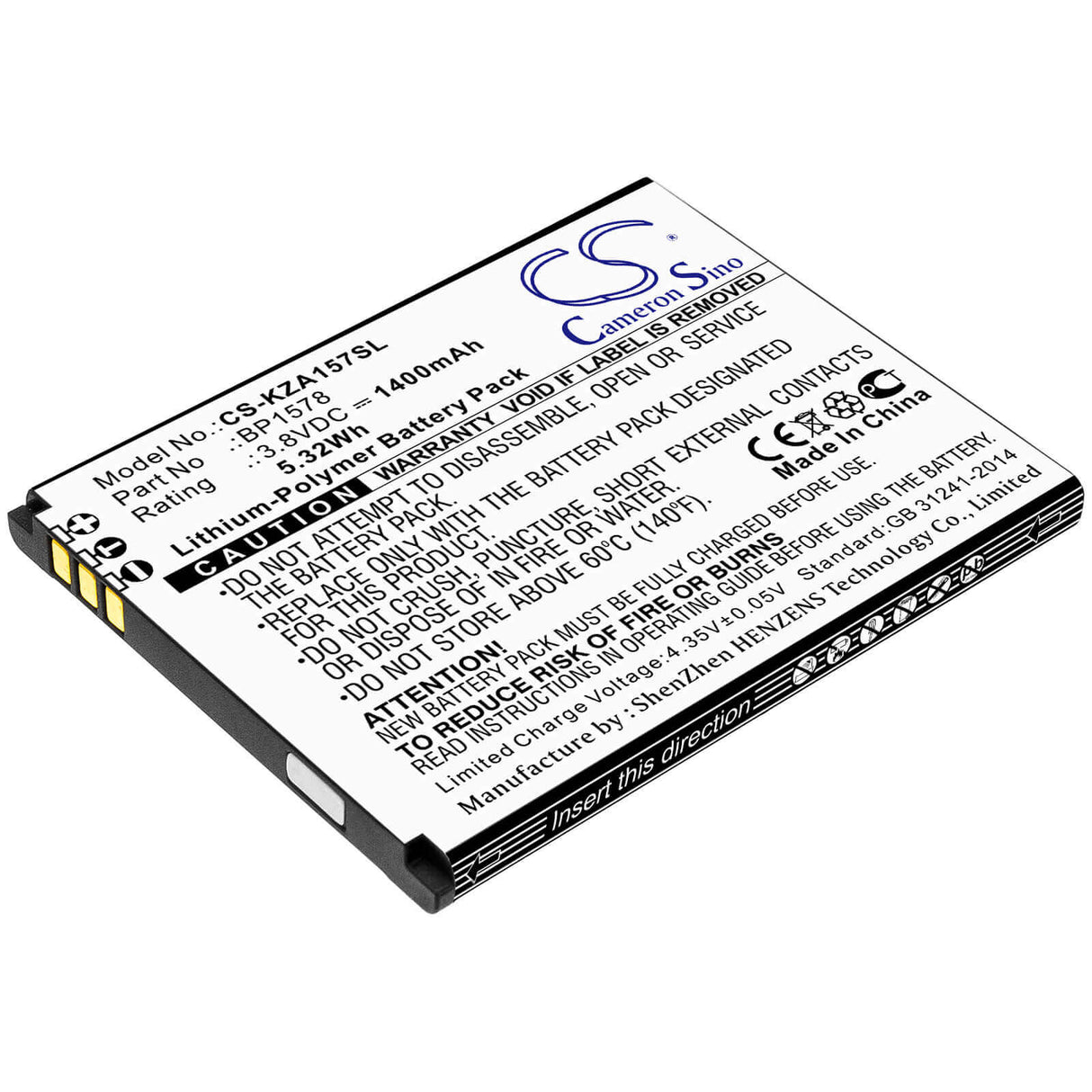 3.8V, Li-Polymer, 1400mAh, SmartPhone battery fits Kazuna, Bp1578, 440g, Etalk, 5.32Wh Mobile, SmartPhone Cameron Sino Technology Limited (Smartphone)