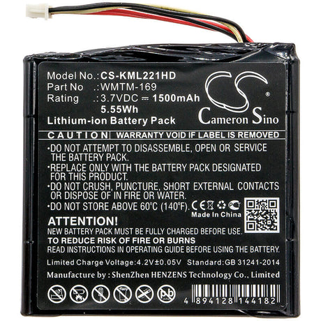 3.7V, Li-ion, 1500mAh, Storage battery fits Kingston, Wmtm-169, Mlw221, 5.55Wh Storage Cameron Sino Technology Limited
