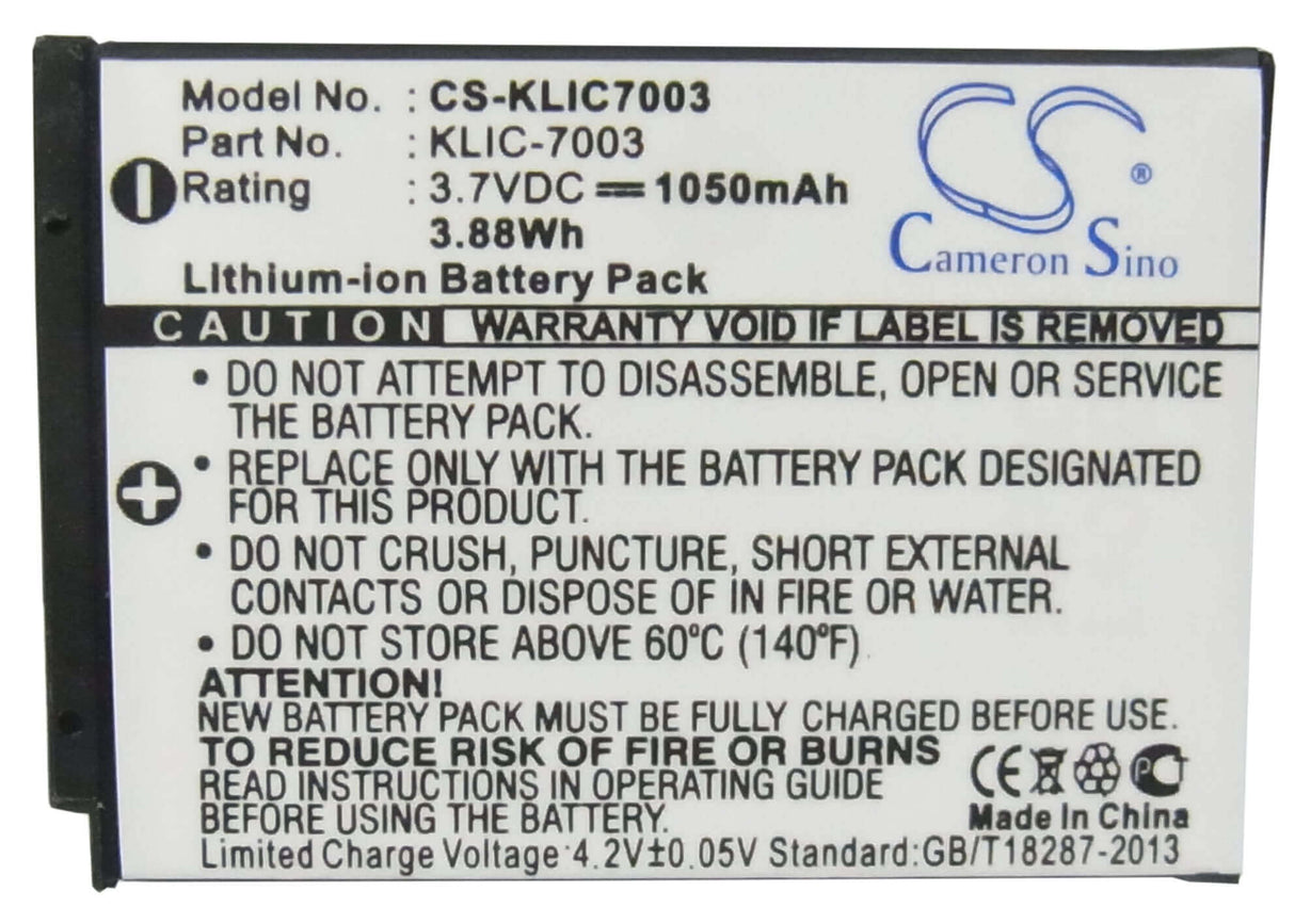 3.7V, Li-ion, 1050mAh, Camera battery fits Kodak, Klic-7003, Easyshare M380, Easyshare M381, 3.885Wh Camera Cameron Sino Technology Limited (Camera)