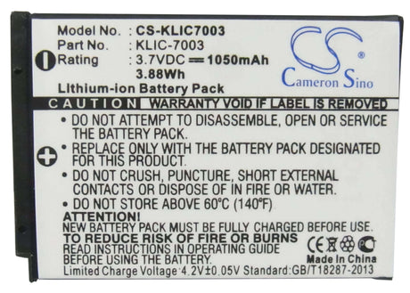 3.7V, Li-ion, 1050mAh, Camera battery fits Kodak, Klic-7003, Easyshare M380, Easyshare M381, 3.885Wh Camera Cameron Sino Technology Limited (Camera)