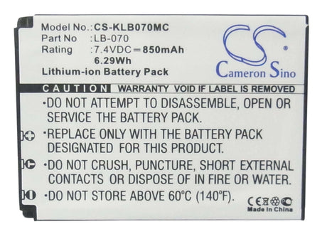 7.4V, Li-ion, 850mAh, Camera battery fits Kodak, Lb-070, Pixpro Az651, Pixpro Az651 Astro Zoom, 6.29Wh Camera Cameron Sino Technology Limited (Camera)