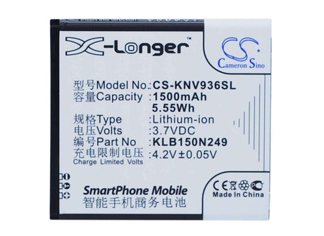 3.7V, Li-ion, 1500mAh, SmartPhone battery fits Konka, Klb150n249, E5838, E830, 5.55Wh Mobile, SmartPhone Cameron Sino Technology Limited (Suspended)
