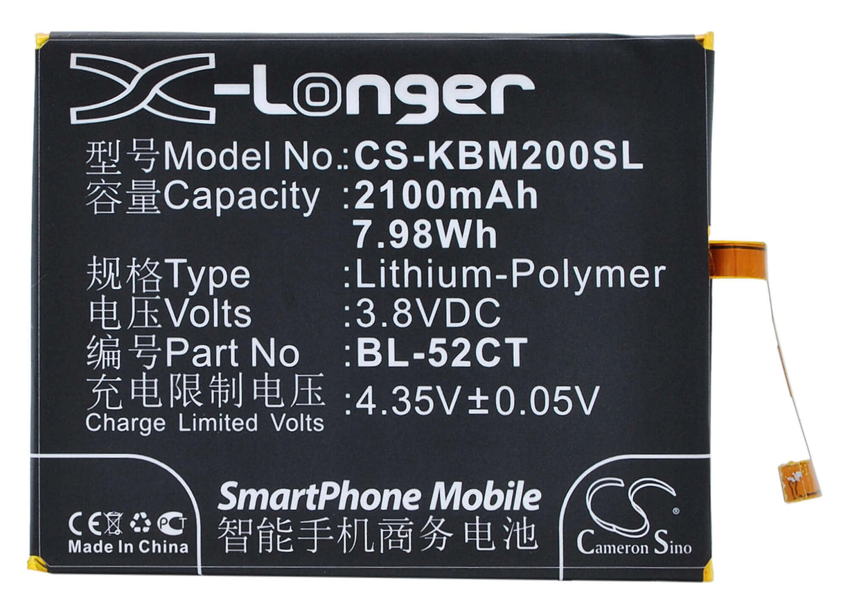 3.8V, Li-Polymer, 2100mAh, SmartPhone battery fits Koobee, Bl-52ct, M2, 7.98Wh Mobile, SmartPhone Cameron Sino Technology Limited (Suspended)