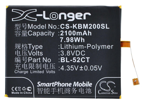 3.8V, Li-Polymer, 2100mAh, SmartPhone battery fits Koobee, Bl-52ct, M2, 7.98Wh Mobile, SmartPhone Cameron Sino Technology Limited (Suspended)