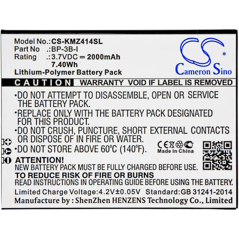 3.7V, Li-Polymer, 2000mAh, SmartPhone battery fits Kruger&matz, Bp-3b-i, Drive, Drive 2, 7.4Wh Mobile, SmartPhone Cameron Sino Technology Limited (Suspended)