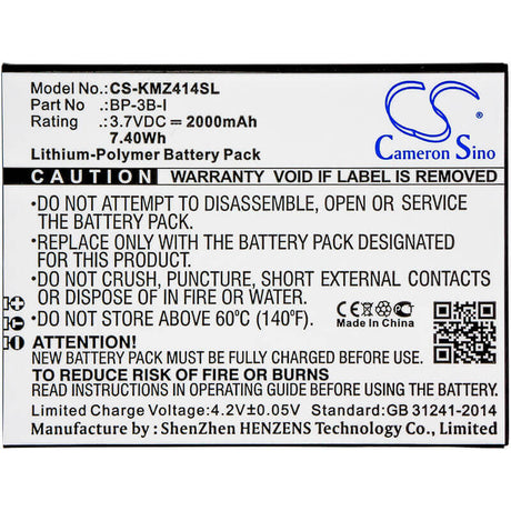 3.7V, Li-Polymer, 2000mAh, SmartPhone battery fits Kruger&matz, Bp-3b-i, Drive, Drive 2, 7.4Wh Mobile, SmartPhone Cameron Sino Technology Limited (Suspended)