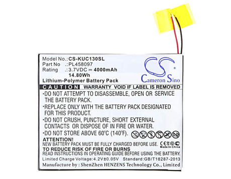 3.7V, Li-Polymer, 4000mAh, Tablet battery fits Kurio, Pl458097, 7s, C1300, 14.80Wh Tablet Cameron Sino Technology Limited