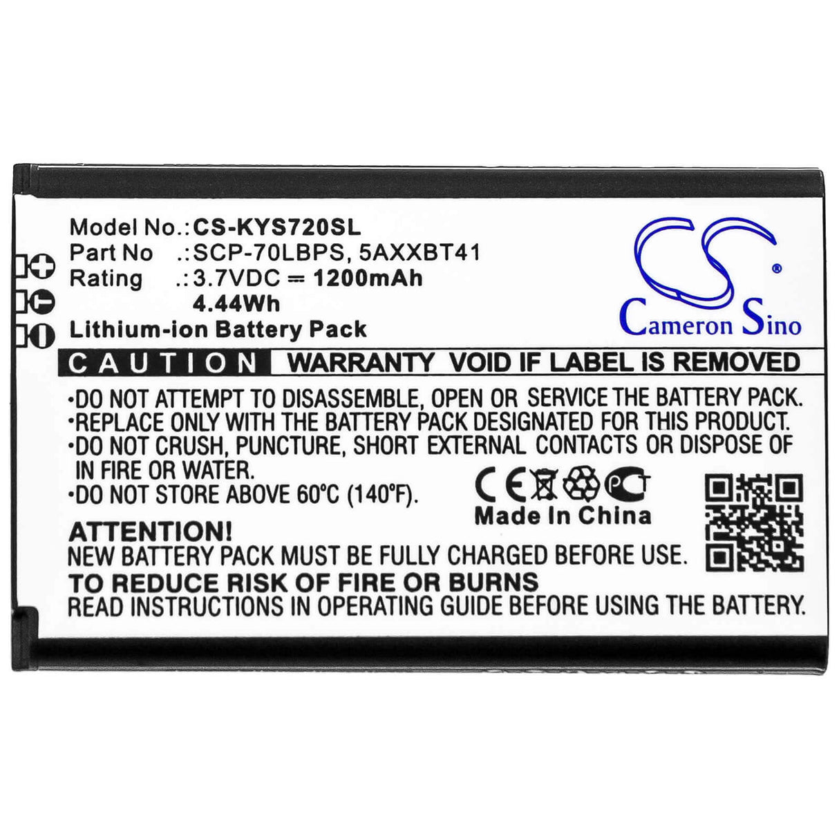 3.8V, Li-ion, 1200mAh, SmartPhone battery fits Kyocera, 5axxbt41, Cadence Lte, S2720, 4.56Wh Mobile, SmartPhone Cameron Sino Technology Limited (Smartphone)