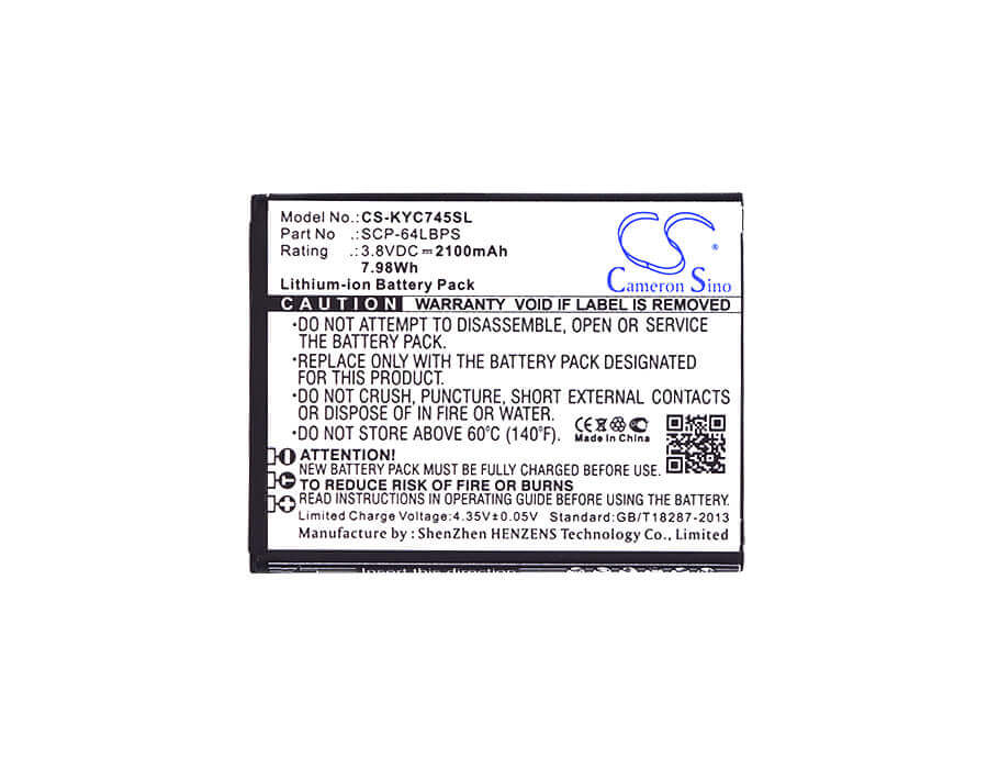 3.8V, Li-ion, 2100mAh, SmartPhone battery fits Kyocera, 5aaxbt088jaa, C6740, C6740 Lte, 7.98Wh Mobile, SmartPhone Cameron Sino Technology Limited (Smartphone)
