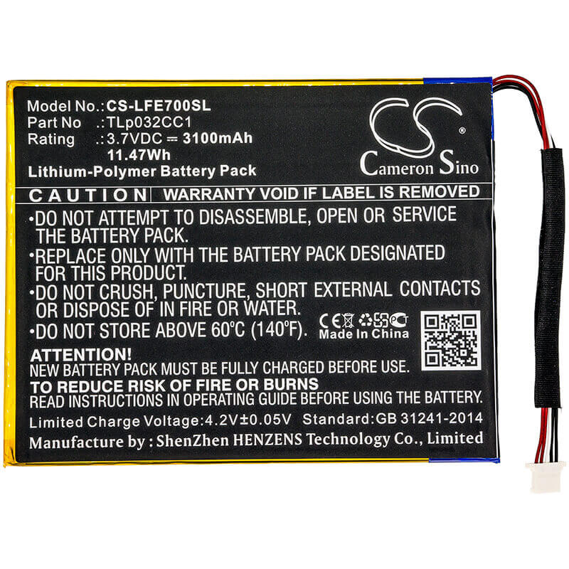 3.7V, Li-Polymer, 3100mAh, Tablet battery fits Leapfrog, Tlp032cc1, 31576, Epic 7, 11.47Wh Tablet Cameron Sino Technology Limited