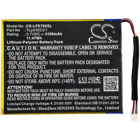 3.7V, Li-Polymer, 3100mAh, Tablet battery fits Leapfrog, Tlp032cc1, 31576, Epic 7, 11.47Wh Tablet Cameron Sino Technology Limited