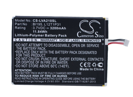 3.7V, Li-Polymer, 3200mAh, Tablet battery fits Lenovo, Bl195, A2, A2107, 11.84Wh Tablet Cameron Sino Technology Limited