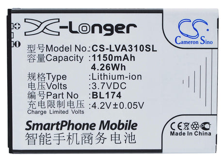 3.7V, Li-ion, 1150mAh, SmartPhone battery fits Lenovo, Bl174, A30t, 4.26Wh Mobile, SmartPhone Cameron Sino Technology Limited (Smartphone)