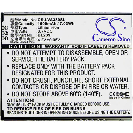 3.7V, Li-ion, 1900mAh, SmartPhone battery fits Lenovo, Bl239, A330e, A3500, 7.03Wh Mobile, SmartPhone Cameron Sino Technology Limited (Smartphone)