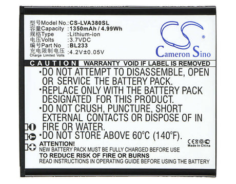 3.7V, Li-ion, 1350mAh, SmartPhone battery fits Lenovo, Bl233, A1000-a, A2800-d, 5Wh Mobile, SmartPhone Cameron Sino Technology Limited (Smartphone)