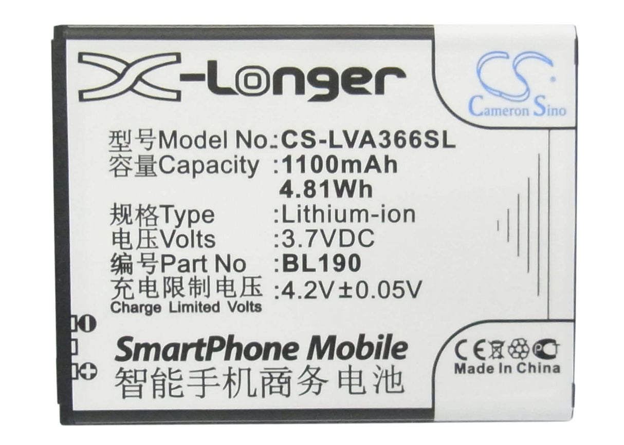 3.7V, Li-ion, 1100mAh, SmartPhone battery fits Lenovo, Bl190, A366t, 4.07Wh Mobile, SmartPhone Cameron Sino Technology Limited (Smartphone)