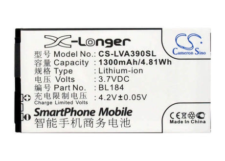 3.7V, Li-ion, 1300mAh, SmartPhone battery fits Lenovo, Bl184, A390e, 4.81Wh Mobile, SmartPhone Cameron Sino Technology Limited (Suspended)