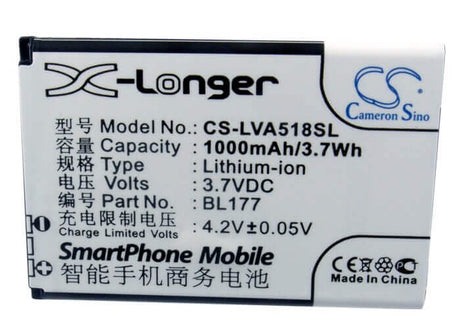 3.7V, Li-ion, 1000mAh, SmartPhone battery fits Lenovo, Bl177, A518, 3.7Wh Mobile, SmartPhone Cameron Sino Technology Limited (Smartphone)