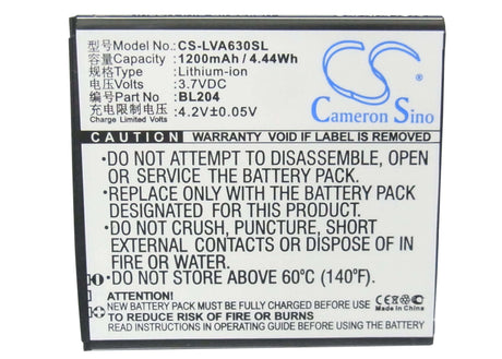3.7V, Li-ion, 1200mAh, SmartPhone battery fits Lenovo, Bl204, A586, A630t, 4.44Wh Mobile, SmartPhone Cameron Sino Technology Limited (Smartphone)