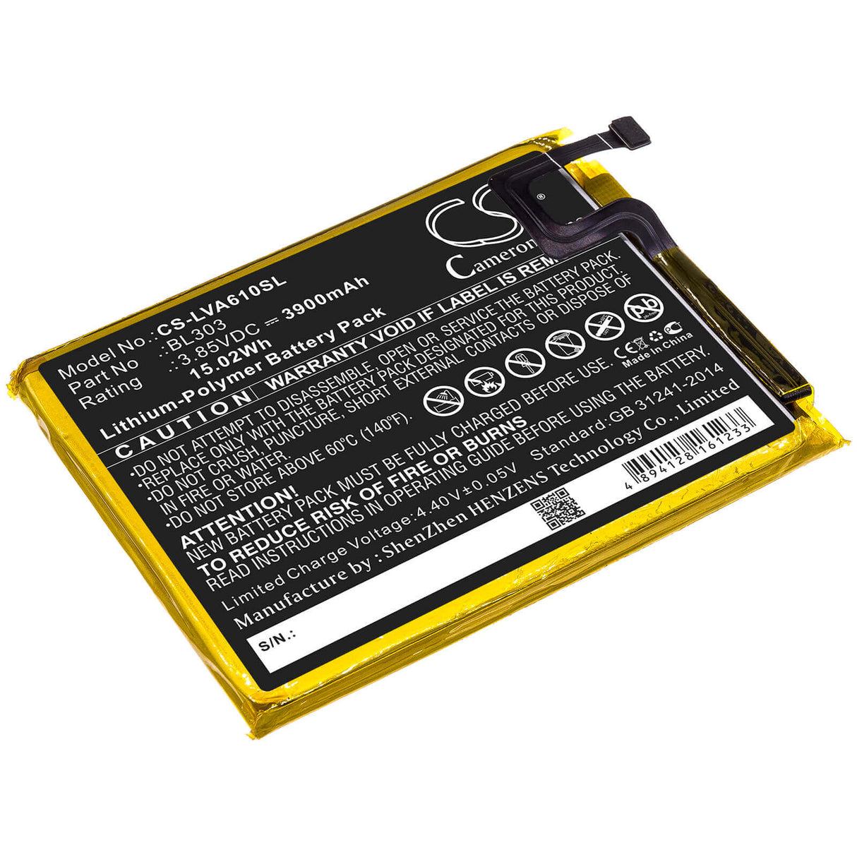 3.85V, Li-Polymer, 3900mAh, SmartPhone battery fits Lenovo, Bl303, A6 Note, L19041, 15.02Wh Mobile, SmartPhone Cameron Sino Technology Limited (Smartphone)