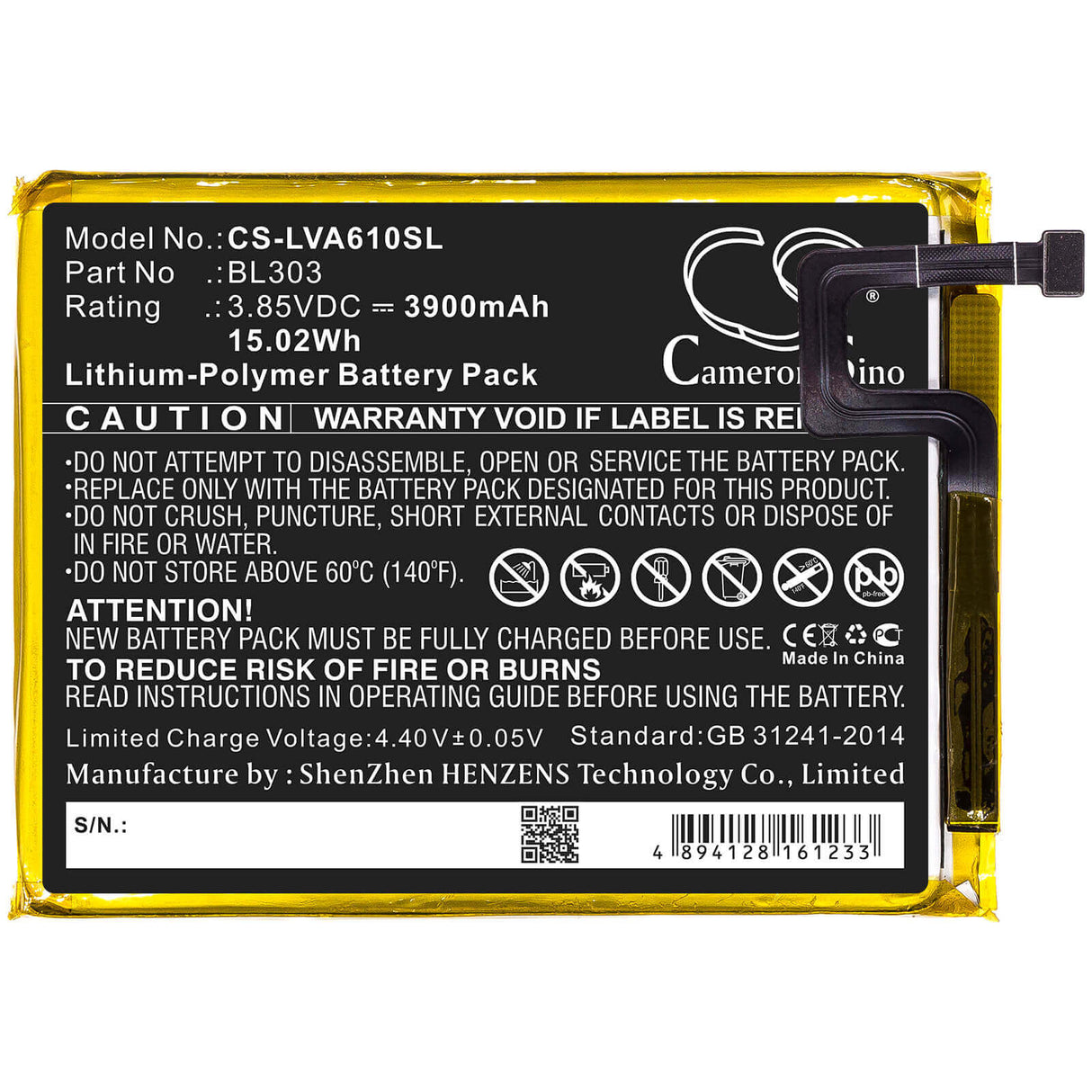 3.85V, Li-Polymer, 3900mAh, SmartPhone battery fits Lenovo, Bl303, A6 Note, L19041, 15.02Wh Mobile, SmartPhone Cameron Sino Technology Limited (Smartphone)
