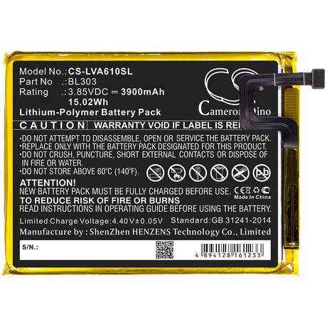 3.85V, Li-Polymer, 3900mAh, SmartPhone battery fits Lenovo, Bl303, A6 Note, L19041, 15.02Wh Mobile, SmartPhone Cameron Sino Technology Limited (Smartphone)