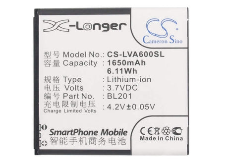 3.7V, Li-ion, 1650mAh, SmartPhone battery fits Lenovo, Bl201, A60+, 6.11Wh Mobile, SmartPhone Cameron Sino Technology Limited (Smartphone)