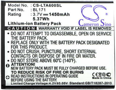 3.7V, Li-ion, 1450mAh, SmartPhone battery fits Lenovo, Bl171, A356, A368, 5.37Wh Mobile, SmartPhone Cameron Sino Technology Limited (Smartphone)