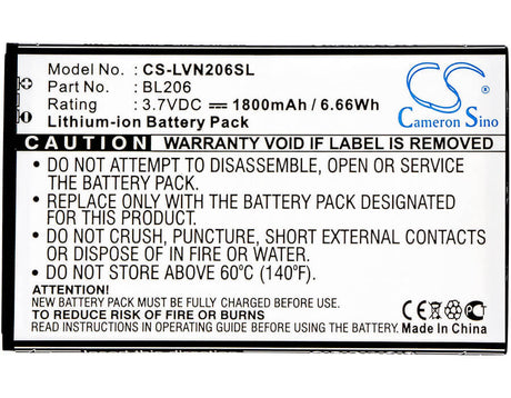 3.7V, Li-ion, 1800mAh, SmartPhone battery fits Lenovo, Bl206, A600e, A630, 6.66Wh Mobile, SmartPhone Cameron Sino Technology Limited (Suspended)
