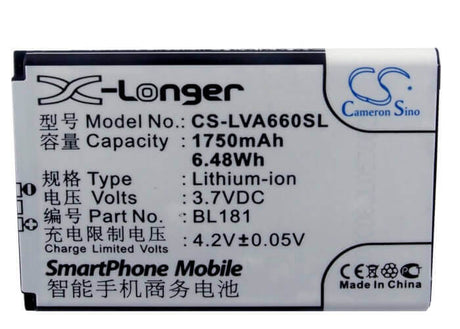 3.7V, Li-ion, 1750mAh, SmartPhone battery fits Lenovo, Bl181, A66t, 6.48Wh Mobile, SmartPhone Cameron Sino Technology Limited (Smartphone)