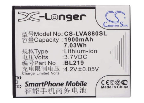 3.7V, Li-ion, 1900mAh, SmartPhone battery fits Lenovo, Bl219, A388t, A880, 7.03Wh Mobile, SmartPhone Cameron Sino Technology Limited (Smartphone)