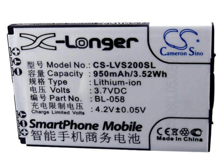 3.7V, Li-ion, 950mAh, SmartPhone battery fits Lenovo, Bl-058, A307, A320, 3.52Wh Mobile, SmartPhone Cameron Sino Technology Limited (Suspended)