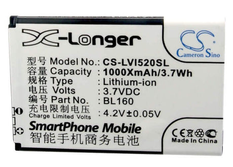 3.7V, Li-ion, 1000mAh, SmartPhone battery fits Lenovo, Bl160, I200, I520, 3.7Wh Mobile, SmartPhone Cameron Sino Technology Limited (Smartphone)